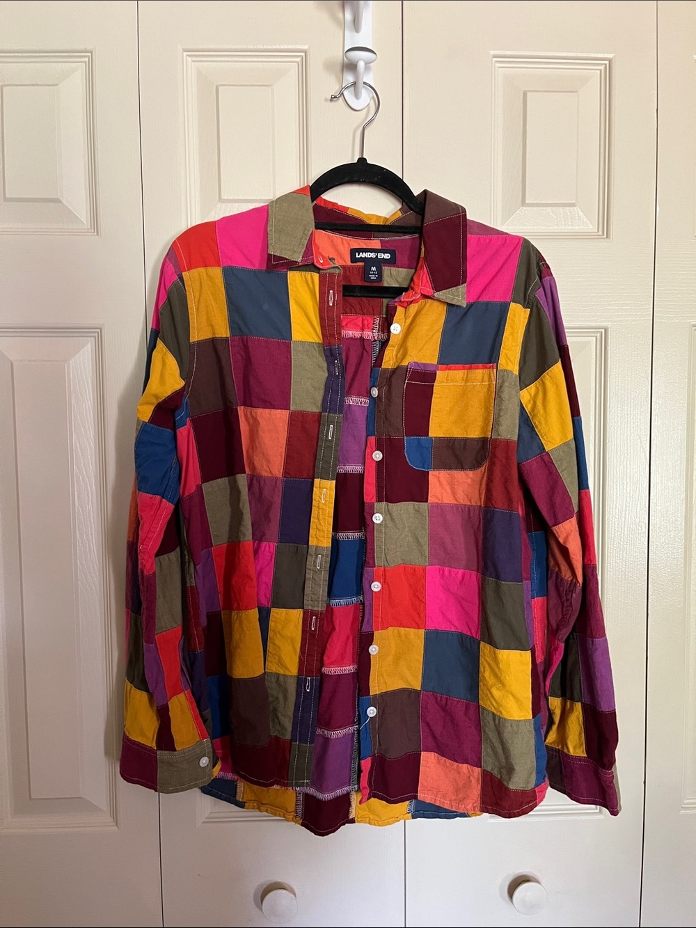Lands' End Men's Patchwork Button-Down Shirt in Pink, Yellow, Blue, Green, Brown